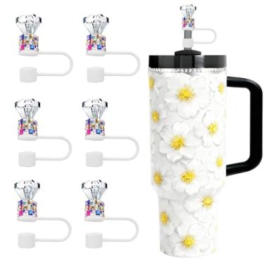 Imagem de JIASHEBDE Conjunto de topo de palha de diamante para Stanley Cup 850 g 1,134 g, tampas de strass brilhantes, capas de silicone reutilizáveis à prova de poeira para presentes femininos (6 peças brancas
