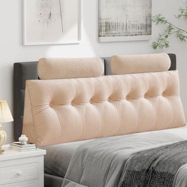 Imagem de Almofada triangular de veludo para cabeceira de cabeça, capa removível, cama de beliche, suporte de posicionamento do encosto, descanso de leitura relaxante (bege com almofada de rolo, king (193 x 50