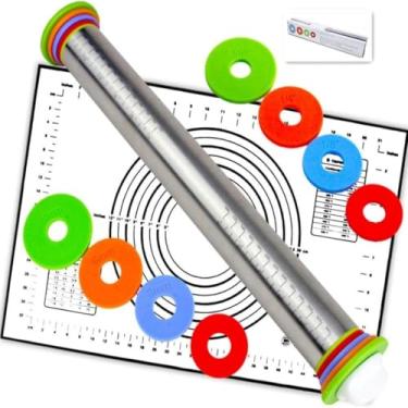 Imagem de Rolo de massa com anéis de espessura ajustável e conjunto de pastelaria de silicone (preto)