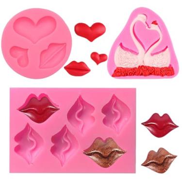 Imagem de Conjunto de moldes de fondant de Dia dos Namorados, tema do Dia dos Namorados, molde de silicone em forma de cisne para bolos, topos de cupcake, chocolate, argila de polímero, artesanato, 3 peças