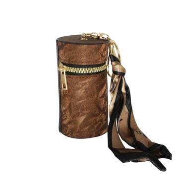 Imagem de Jinweixb Bolsa de armazenamento de batom, caixa de armazenamento de esmalte de brilho labial, chaveiro dourado com lenço de seda, pode ser pendurada na bolsa feminina, marrom