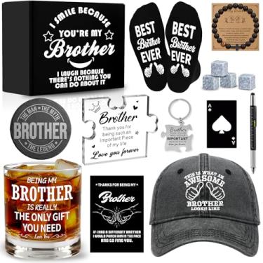 Imagem de NVTROVI 15 peças de presentes de irmão de irmã irmão com 325 g Whiskey porta-copos de vidro meias de acrílico pulseira chaveiro, presente cristão de aniversário e Natal para homens, filho, sobrinho