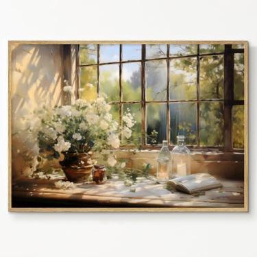 Imagem de Arte de parede de janela aberta vintage flores janelas imagens ver pinturas janela natureza morta pôster impressões de flores rústicas janelas verdes arte de parede janela de fazenda vaso vista pôster