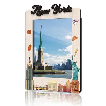 Imagem de DRWJPAT Moldura magnética de Nova York, mini molduras magnéticas para geladeira e armário, presentes de lua de mel para amigos e casais, imãs de madeira para viagem -B05