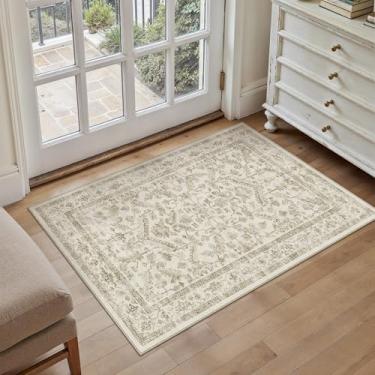 Imagem de PureCozy Tapete de entrada Taupe 2x3 vintage tapete de área interna cozinha lavável tapete de porta entrada pequena pilha baixa tradicional envelhecido retro acento tapete antiderrapante escritório