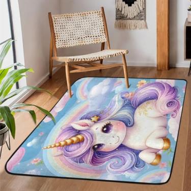 Imagem de Tapete de área para sala de estar, lavável à máquina, unicórnio, roxo, antiderrapante, tapete macio, para sala de estar, quarto, sala de jantar, berçário, cozinha, decoração de casa