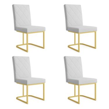 Imagem de Kit 04 Cadeiras De Jantar Estofada Siena Linho Cinza Base De Ferro Dourada - Pallazio