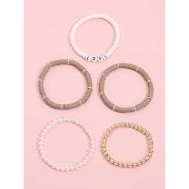 Imagem de Conjunto de 5 pulseiras elásticas com contas para mulheres e meninas, pulseiras de contas de argila com letras AMOR, pulseiras empilháveis boho neutras com contas de pérolas e ouro, joias de amizade
