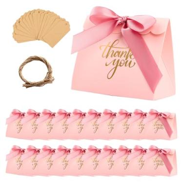 Imagem de Toys4u Pacote com 20 sacos de presente de agradecimento, 12 x 6,5 x 10 cm, sacos de lembrancinhas de festa com estampa de folha dourada, caixas de presente rosa com fita de laço e 20 peças de