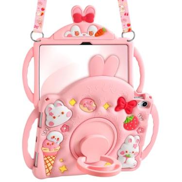Imagem de Wazzasoft Capa para iPad A16 (11ª) 27.9 cm 2025/10ª geração 27.7 cm 2022 - Capa protetora para tablet de coelho de silicone para meninas com alça de ombro, suporte giratório e alça