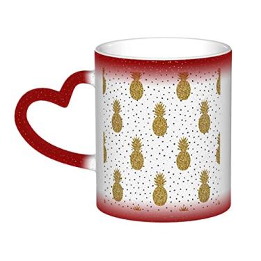 Imagem de Xícara de café divertida de abacaxi com glitter dourado, xícara de cerâmica mágica sensível ao calor que muda de cor 12 Oz, para café/chá/leite/cacau, para adolescente/aniversário/festival/presentes