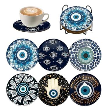 Imagem de Conjunto de 6 porta-copos para decoração de olho turco, porta-copos de pedra de cerâmica para casa nova, apartamento, cozinha, bar, sala de estar (olho mal-branco)