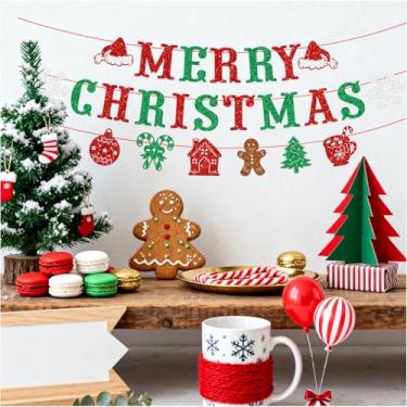 Imagem de Faixa de Feliz Natal Pré-amarrada Glitter Decorações de Natal Banners para Lareira Manto Janela Decoração de Parede Decoração de Natal para Escritório em Casa (Vermelho Verde)