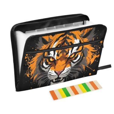 Imagem de Wassud Pasta organizadora de arquivos de papel A4 com cabeça de tigre laranja com etiquetas, pasta de arquivos expansível, 13 bolsos