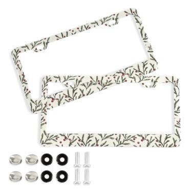 Imagem de Wassud Moldura decorativa de alumínio para placa de carro com folhas de azevinho de Natal, 2 unidades, suporte universal para placa de carro para carros padrão dos EUA