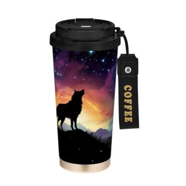 Imagem de YETTASBIN Caneca de café de viagem com isolamento térmico Galaxy Wolf de 500 ml com tampa canudo, copo à prova de derramamento e vazamento com alça para bebida quente e fria, garrafa de água de aço