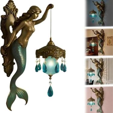 Imagem de Luminária de parede vintage em formato de sereia, sem fio, para interiores, com cúpula de vidro azul, 19,8 cm (7,8 polegadas), alimentada por bateria, estilo moderno para corredores e ambien