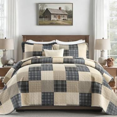 Imagem de SOElinens Colchas Queen Size – Conjunto de colcha queen com design xadrez, casa de fazenda, com fronhas combinando, 3 peças, 100% algodão, conjunto de colcha leve para todas as estações, carvão/bege