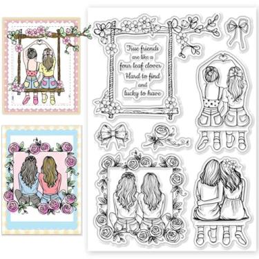 Imagem de 1 folha de carimbos transparentes de plástico PVC, carimbo de silicone personalizado com tema de amizade, selos transparentes com padrão humano e balanço para fazer álbuns de fotos faça-você-mesmo, 16