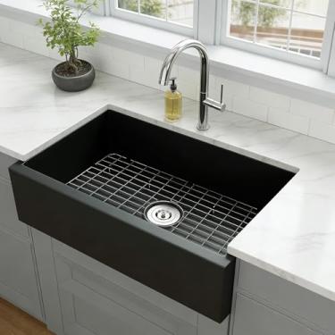 Imagem de Monsinta Pia de cozinha preta de fazenda, pias de cozinha compostas de granito com acessórios, pia de cozinha de montagem inferior de 81 cm, 81 x 50 x 9 cm, tigela única grande e profunda, pia de