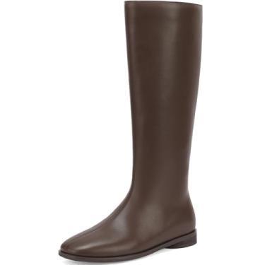 Imagem de SLXCHBSL Botas de cano alto planas femininas – Botas altas casuais para caminhada com zíper lateral | Botas de cano alto confortáveis Botas de viagem para outono e inverno, Marrom, 38