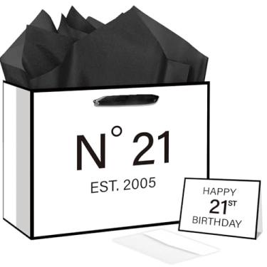 Imagem de Saco de presente de aniversário de 21 anos com papel de seda e cartão comemorativo nº 21 EST.2005 Saco de papel de embrulho de presente de 21 anos para ele, para homens e mulheres, presentes de 21