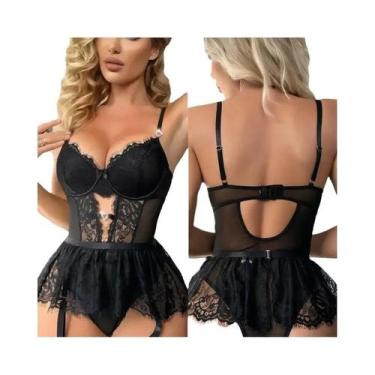 Imagem de Conjunto De Lingerie Sexy Com Sutiã Transparente De Renda E Cinta-Liga