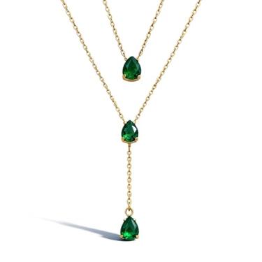 Imagem de Zurlcdye Colares de esmeralda em camadas para mulheres com pingente de ouro longo verde lariat colar delicado na moda joias de aniversário acessórios presentes, Aço inoxidável, Sem Pedra Preciosa