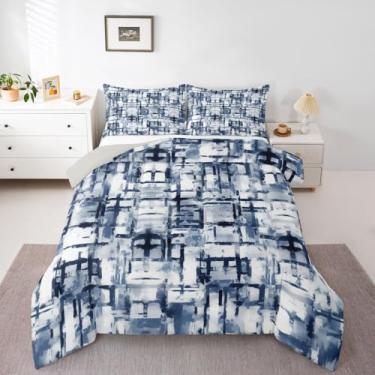 Imagem de jejeloiu Conjunto de cama geométrico azul macio para meninos e meninas, conjunto de edredom de arte moderna, tamanho Queen, listrado, edredom, microfibra, abstrato, decoração de quarto, 3 peças com 2