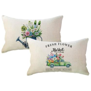 Imagem de Capas de almofada lombar para decoração de primavera, 30,5 x 50,8 cm, verde, caminhão, regador, casa de fazenda, flores frescas, primavera, férias, fronhas, pacote com 2 para varanda (verde)
