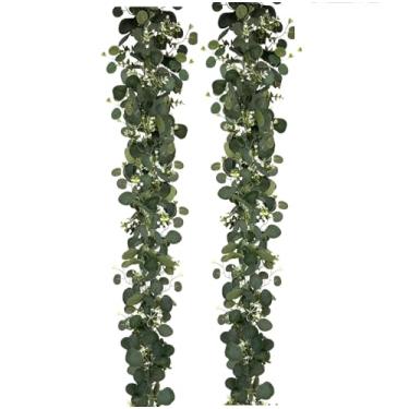 Imagem de YNHFIFI 2 peças de guirlanda de eucalipto, guirlanda verde de 1,8 m com flores, videiras artificiais artificiais para mesa de festa de casamento, centro de mesa, corredor, quarto, decoração de manto
