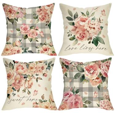 Imagem de Fjfz Capas de almofada decorativas primavera verão flor rosa 45,7 x 45,7 cm conjunto de 4, rosa floral búfalo xadrez varanda decoração de casa doce ao ar livre, capa de almofada Love Lives Here