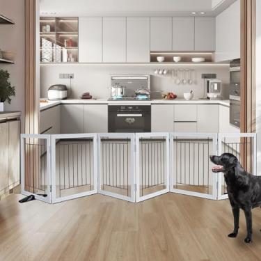 Imagem de Cerca interna para cães – portão independente de 6 painéis para portas, corredores, casa ou escadas - animal de estimação de madeira expansível retrátil de 300 x 81 cm da SFJC (cinza)