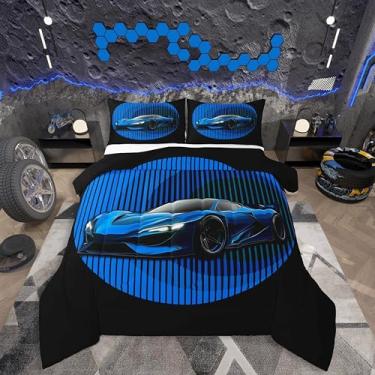 Imagem de jejeloiu Jogo de cama geométrico de carro de corrida para todas as estações, com 1 fronha, carro esportivo de velocidade, crianças, solteiro, decoração de quarto, edredom respirável, macio