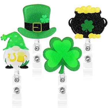 Imagem de 4 peças de carretéis de crachá de enfermeira para o dia de São Patrício, suporte retrátil para crachá com clipe jacaré, trevo de glitter, gnomo, cartolina, carretéis de crachá, clipes para crachá de identificação para estudantes, professores de enfermeira