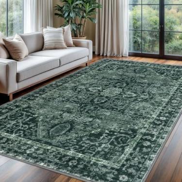 Imagem de KOZYFLY Boho Tapete de área 1,8 x 2,5 m, fino, lavável para quarto e sala de estar, tapete de lã sintética, tapete antiderrapante para entrada, cozinha, sala de jantar, verde escuro