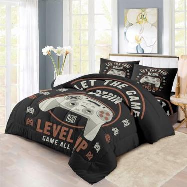 Imagem de Conjunto de edredom com controle de jogos, 3 peças, clássico, retrô, tema de jogos, decoração de quarto de jogador, incluindo 1 edredom + 2 fronhas (C, Queen - edredom - 3 peças) (D completo)