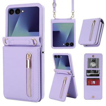 Imagem de Capa carteira para Samsung Galaxy Z Flip 7, bolso com zíper e compartimentos para cartões, cordão e suporte, estilo fólio fino com recortes precisos e fecho magnético para uso diário e viagens (Roxo)