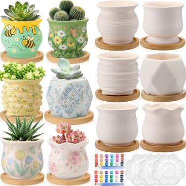 Imagem de Leitee Kit de artesanato de 15 peças para pintar seu próprio vaso de cerâmica, inclui pequenos vasos de suculentas prontos para pintar a granel com orifício de drenagem, conjunto de 6 mini vasos de