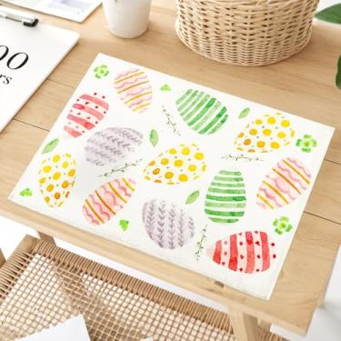 Imagem de Jogo americano de ovos de Páscoa em aquarela com trevo de quatro folhas, jogo americano conjunto de 4, tapete de jantar com ovos de folhas verdes para cozinha, sala de jantar, decoração de mesa