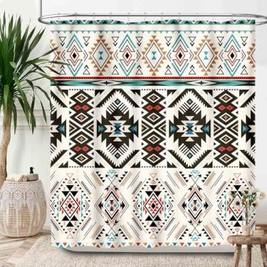 Imagem de Lnepty Cortinas de chuveiro astecas ocidentais para banheiro, sudoeste étnico asteca country tribal boho geométrico nativo americano conjunto de cortina de chuveiro de tecido impermeável com ganchos