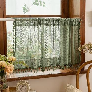 Imagem de Sutuo Home Cortinas de janela boho verde-oliva com 45,7 cm de comprimento, 2 painéis, decoração de armário transparente de renda para casa de fazenda, privacidade, vintage, boêmia, borlas, retrô
