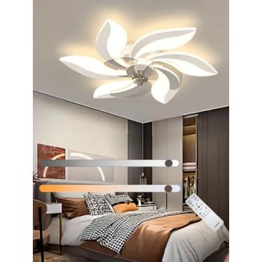 Imagem de Ventilador de teto com luminária LED moderna, silencioso e criativo, em formato de flor, com controle remoto, dimerizável e 6 velocidades, ideal para quarto e sala de estar (branco, 68 cm).