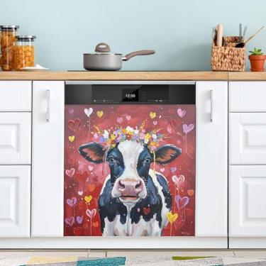 Imagem de ATTX Capa magnética para lava-louças Valentines Loving Cow | Adesivo decorativo de eletrodomésticos de 58 x 66 cm para armários domésticos e eletrodomésticos #325