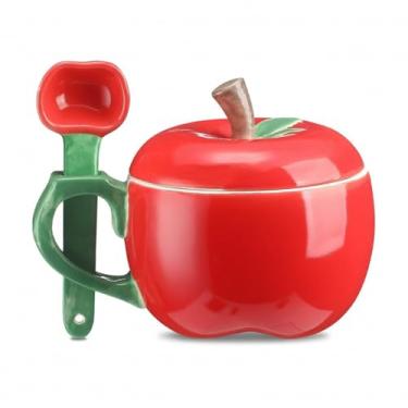 Imagem de Widecook Caneca de maçã vermelha para presentes femininos de Natal Shana Tova copo de cerâmica de mel de maçã com alça colher e tampa para presente judaico acessórios de ano novo judaico, 11,4 cm h