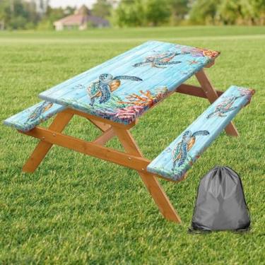 Imagem de Capa de mesa de piquenique, 76 x 182 cm, 3 peças, tartarugas marinhas, verão, oceano, ao ar livre, tecido de poliéster resistente à água, suporte retangular com bordas elásticas para acampamento ao ar