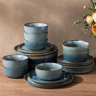 Imagem de Jogo de jantar de cerâmica GBHOME Pratos e tigelas de grés, 24 peças, para 8 pessoas, resistentes a arranhões, seguro para lava-louças e micro-ondas, esmalte reativo – space