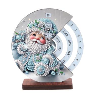 Imagem de AiYuanzsh Calendário perpétuo de mesa de arte de diamante 3D faça você mesmo, enfeite de mesa de madeira com design de gnomo de Papai Noel, pintura de diamante de Natal cintilante, presente de