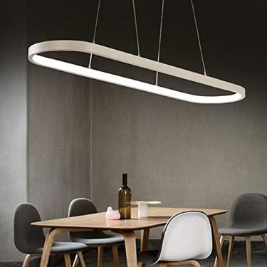 Imagem de Luminária pendente oval para mesa de jantar ou escritório, LED, dimerizável com controle remoto, lustre moderno com design em anel para sala de jantar e cozinha (90 cm de comprimento, branca