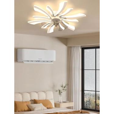 Imagem de Ventilador de teto com luminária LED moderna, silencioso e criativo, em formato de flor, com controle remoto, intensidade de luz ajustável e 6 velocidades, ideal para quarto e sala de estar